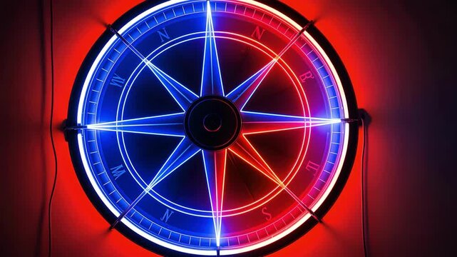 Bright neon compass design suggests navigation and direction, inferring adventure and exploration through vibrant visuals and dynamic light