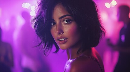 Naklejka premium Hispanic young woman in vibrant nightclub with neon lights and blurred background