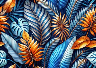 Tropical Leaf Pattern: Blue & Orange Stripes on White Background - Stock Photo