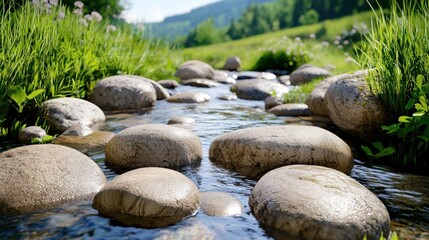 Obraz premium Tranquil stream with smooth stones and lush greenery.