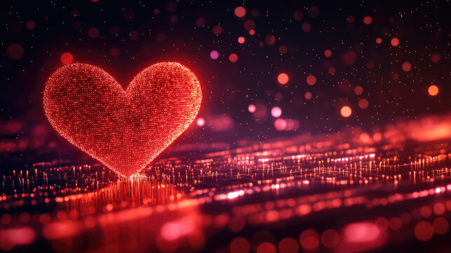 Glowing digital heart with sparkling bokeh in a futuristic red scene. The 14th of February. Happy Valentine's Day