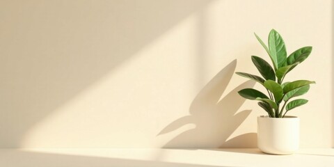 Serene Minimalist Houseplant in a Cream Pot, Basking in Sunlight Against a Neutral Background