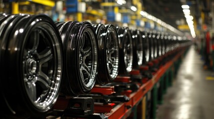 Fototapeta premium Automotive production line with rows of shiny black rims in factory setting