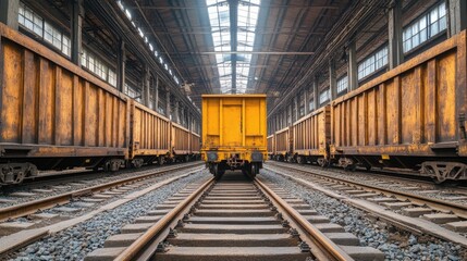 Obraz premium Abandoned rail yard with symmetrical cargo trains in industrial setting