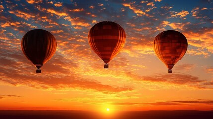 Obraz premium Three hot air balloons silhouetted against a vibrant sunset over city lights