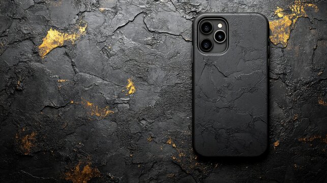 Black Phone Case on Textured Dark Surface with Golden Highlights