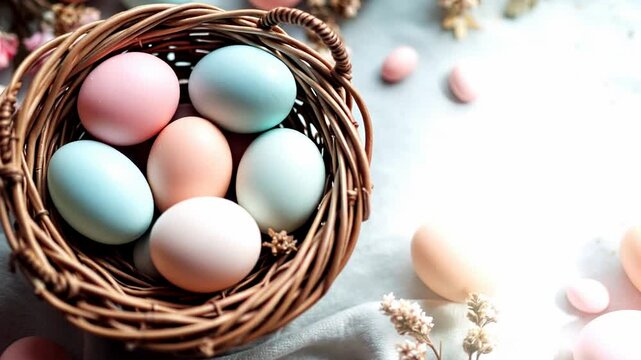 Vibrant pastel easter eggs in rustic basket with blossoms on soft fabric