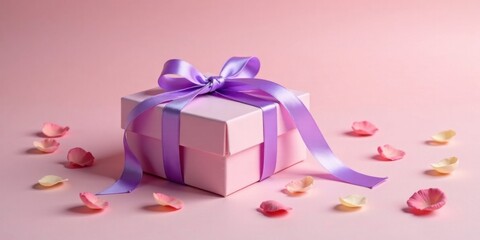 A delicately wrapped pink gift box with a lavender ribbon, adorned by scattered pastel flower petals on a soft pink background, signifying a thoughtful present