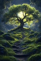 Fototapeta premium Moonlit mossy path leads to ancient tree.