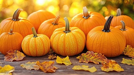 Autumn harvest: vibrant orange pumpkins and colorful leaves on wooden table