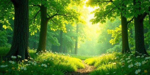 Obraz premium Sunlit Path Through a Verdant Forest, Illuminated by Golden Rays of Dawn, Featuring Delicate Wildflowers and Towering Trees