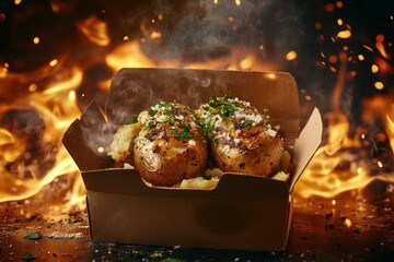 photo of open takeaway food box containing baked potato with herbs, placed on top of fire surface 