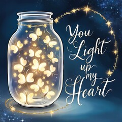 A whimsical illustration of a jar filled with heart-shaped fireflies glowing softly, with the text 'You Light Up My Heart' written in an elegant cursive font.