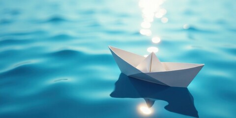 A Delicate Paper Vessel Navigating Serene Aqua Waters Under a Glimmering Sun