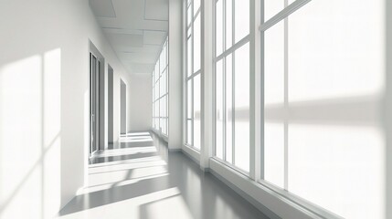 Bright Gray Office Corridor with Large Windows and Blank Walls