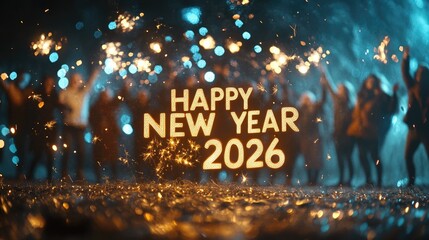 Happy new year 2026 celebration with sparklers and festive lights. Happy New Year 2026