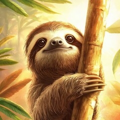 Fototapeta premium Illustration of a sloth holding onto a tree branch, surrounded by vibrant leaves