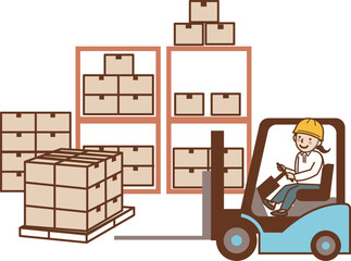  フォークリフトで荷物を運ぶ、女性作業員。