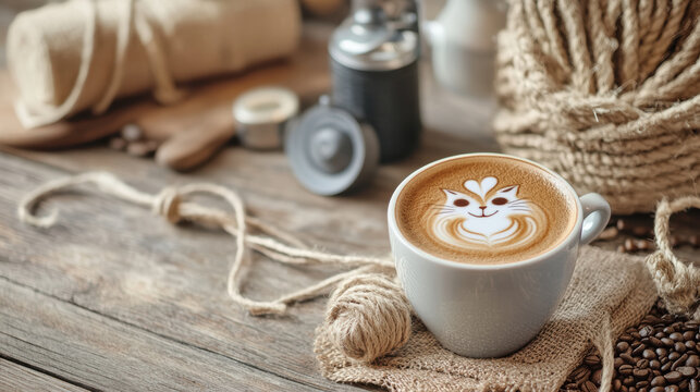 latte with intricate cat shaped latte art sits on rustic wooden table surrounded by burlap, rope, and coffee beans, creating cozy and artistic ambiance - Powered by Adobe