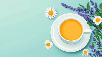 A vibrant cup of herbal tea surrounded by delicate daisies and lavender on a pastel background, creating a refreshing and calming scene.