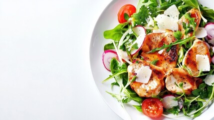 Grilled Chicken Salad with Radishes and Cherry Tomatoes:  A tantalizingly fresh and healthy salad featuring grilled chicken breast,  juicy cherry tomatoes, crisp radishes, and arugula.