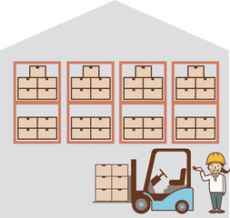 倉庫とフォークリフトと女性作業員。