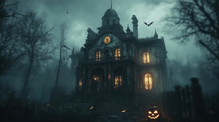 Obraz premium Spooky Halloween Night at an Abandoned Mansion with Glowing Jack-o'-Lanterns