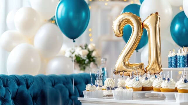 21st Birthday Celebration: A luxurious 21st birthday party scene, featuring a gold "21" balloon centerpiece, teal and white balloons, elegant cupcakes.