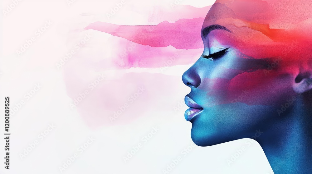Poster Blurred watercolor idea. A vibrant artistic representation of a woman's profile with colorful abstract elements.
