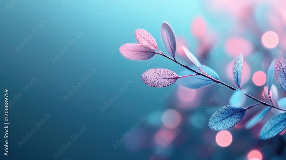 Poster Blurred watercolor idea. Close-up view of colorful leaves with soft bokeh background, creating a tranquil atmosphere.