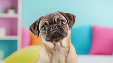 Pug Puppy with Big Eyes: An adorable fawn-colored pug puppy with big, expressive eyes looks directly at the camera, posing against a colorful, playful backdrop.