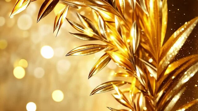 Golden laurel leaves on glowing background with sparkling light