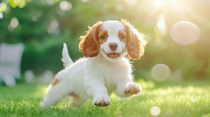 Puppy Joy: A tiny, adorable Cavalier King Charles Spaniel puppy dashes playfully through a sun-drenched grassy field, tail wagging, with a joyful, innocent expression on its face.  