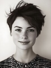Confident and Friendly Young Woman with Short Hair Smiling in Natural Lighting