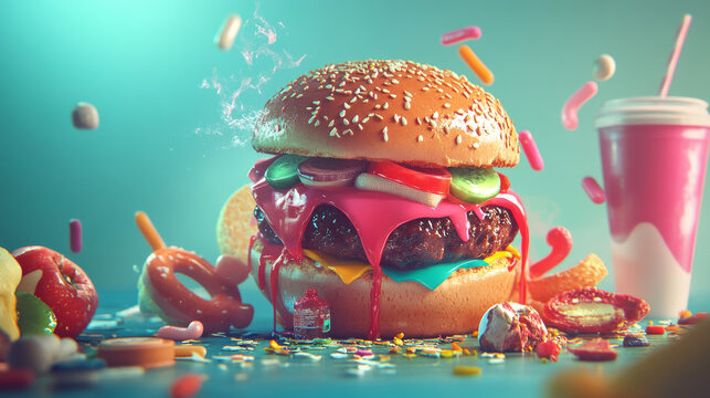 Unhealthy lifestyle infographics. Vector design elements on fat fast food and dessert calories and sweet drinks consumption, obesity statistics or flowchart of diabetes and heart stroke disease on map