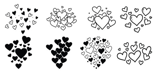 Fototapeta premium Hand drawn romantic love vector different hearts icons big doodle set silhouette 