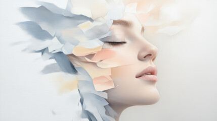 serene portrait of woman with her eyes closed, blending into abstract pastel colored paper like textures, creating dreamy and ethereal atmosphere