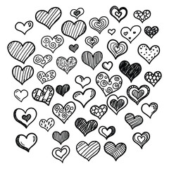 Hand drawn romantic love vector  different hearts icons big doodle set silhouette 