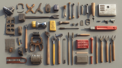 Fototapeta premium Work tools icons for building, repair and construction. Carpentry repairman screwdriver and tape measure ruler, drill and plaster trowel. Vector symbols of hammer, saw and paint brush