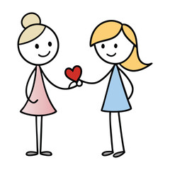 A female stick figure is smiling, holding a heart-shaped symbol out towards her friend, showing kindness and affection in a simple, heartwarming gesture of friendship.