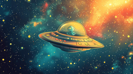 Obraz premium Space poster, cartoon ufo saucer and alien in starry galaxy. Astronomy science and galaxy travel, cosmos discovery vector banner with funny alien astronauts characters flying in UFO saucer and planets