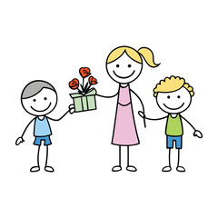 Stick-figure children joyfully giving flowers and gifts to their mom, radiating love and happiness. A heartwarming scene full of simplicity and affection.