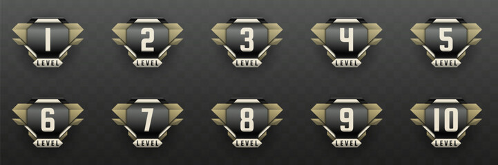 Game Level Up Badges in Black, Silver and Sand Color-Themed for Game UI Designs