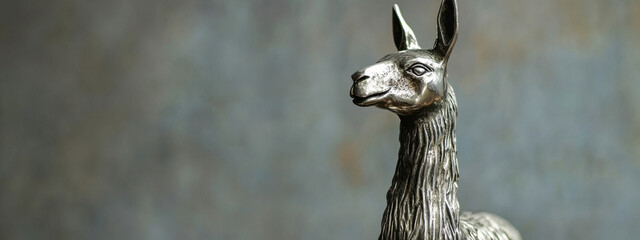 Elegant silver llama sculpture against a textured gray-blue background, showcasing refined craftsmanship and artistic detail.