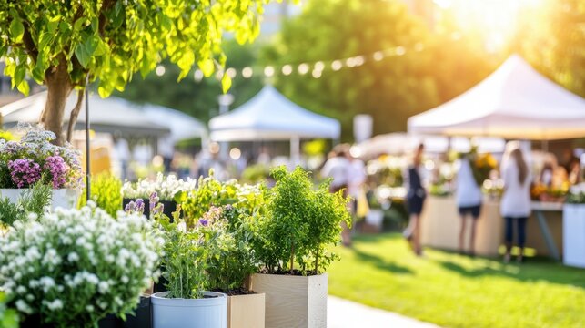 Vibrant Market Day: A cheerful and bustling outdoor market scene with vibrant flowers and plants in the foreground.