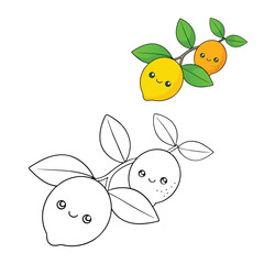 A detailed coloring page featuring a branch of lemons with vibrant green leaves, showcasing the fruit's oval shape and smooth texture for a fun and creative activity.