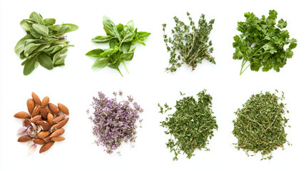 Obraz premium Seasonings of herbs and cooking spices, vector. Chili and garlic, nutmeg and poppy, fresh and dried saffron. Rosemary and mint, basil and dill, cilantro and lavender, coriander seeds
