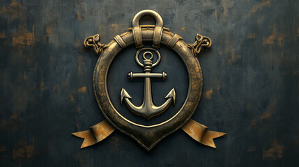 Nautical craftsman emblem with anchor, porthole, paddles and ribbon for marine design