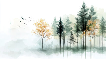 serene minimalist forest landscape with clean lines, muted colors, and soft watercolor effects, featuring tall trees, golden autumn tree, and birds in flight