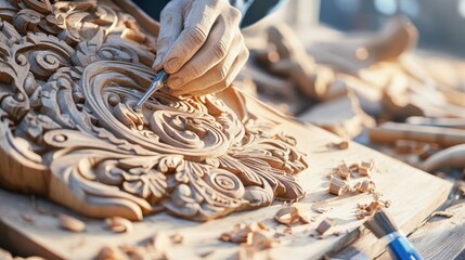 Masterful Carving: A craftsman's hands bring intricate detail to life, carving a wooden masterpiece with precision and skill. Light plays upon the texture of the wood as the chisel traces its path.
